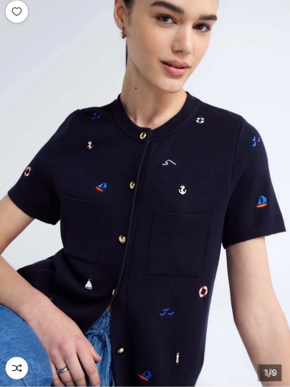 Navy Short-Sleeve Embroidered Knit Cardigan Top